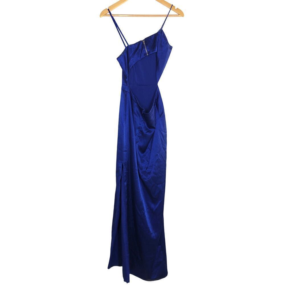 Aidan by Aidan Mattox Satin Dress One Shoulder Cutout Maxi Gown Royal Blue 2 - Picture 5 of 9